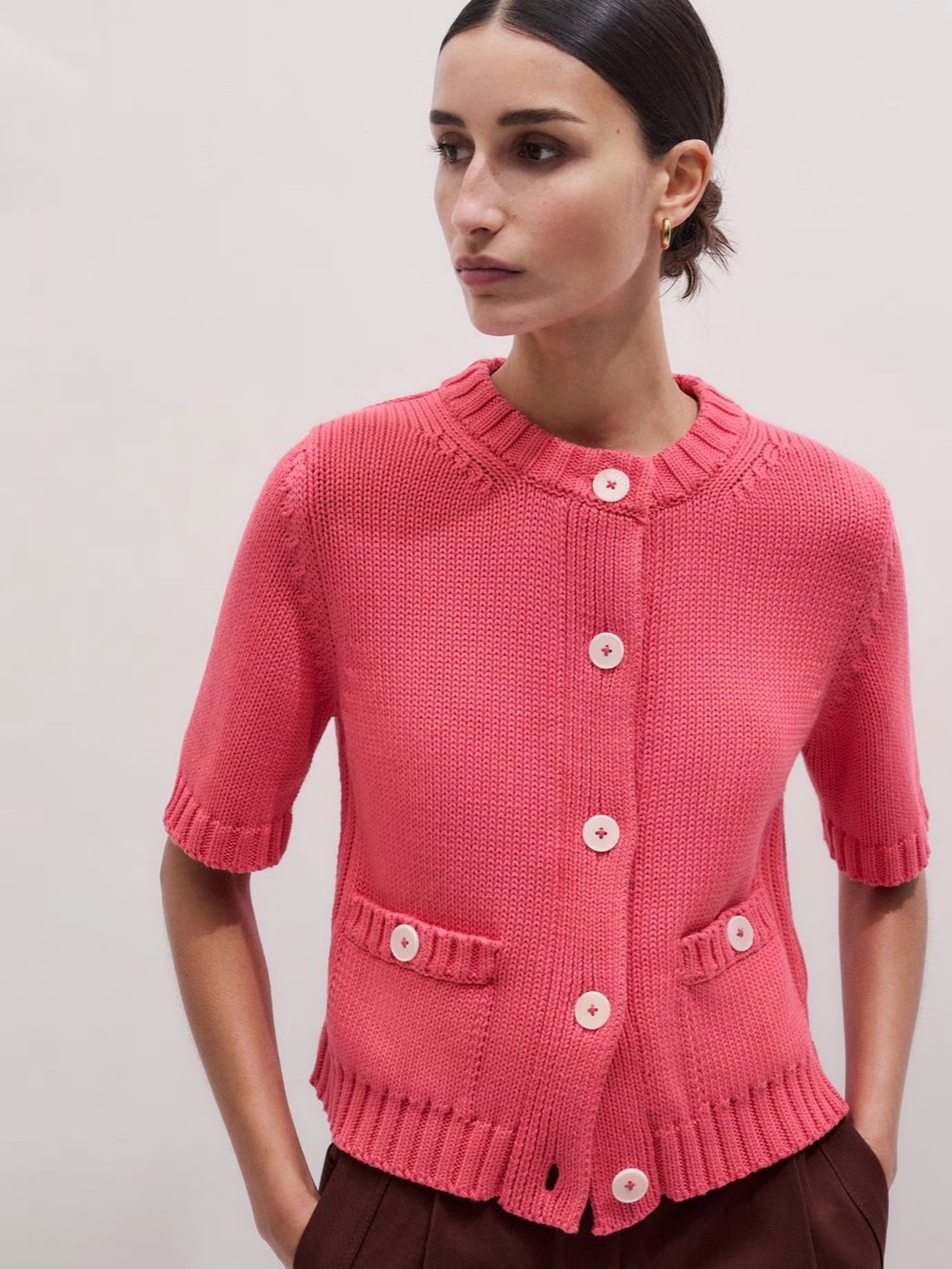 ME+EM Coral Pink Short-Sleeve Button Cardigan